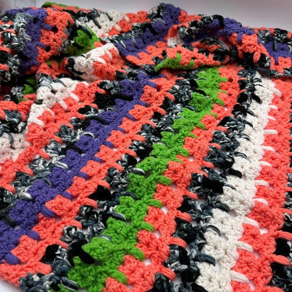 Handmade Crochet Granny Afghan throw Blanket Vibrant black purple green orange‎